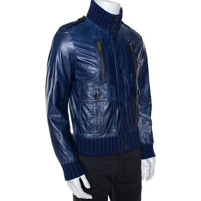 Gucci Midnight Blue Leather Rib Knit Trim Madonna Bomber Jacket S