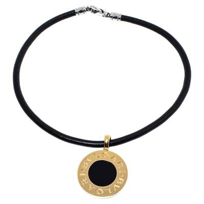 Bvlgari Black Onyx 18K Yellow Gold Stainless Steel Reversible Pendant Leather Necklace 348528 lpn7165324 LePodium