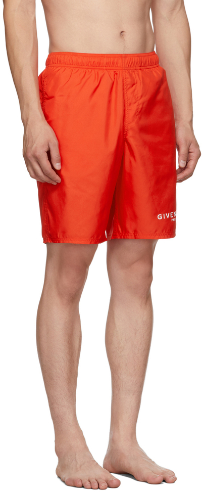 Givenchy Red Paris Logo Long Swim Shorts BMA0051Y5N lpn4219151 LePodium