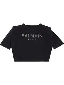 BALMAIN: Футболка со стразами