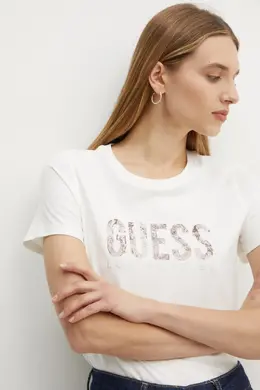 GUESS: Бежевая футболка 