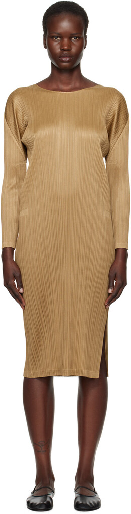Pleats Please Issey Miyake: Бежевое платье 