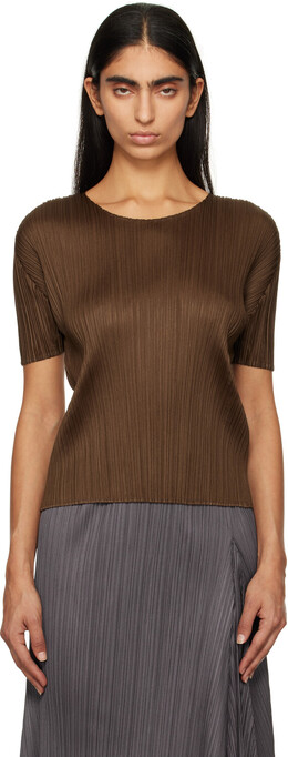Pleats Please Issey Miyake: Коричневая футболка 